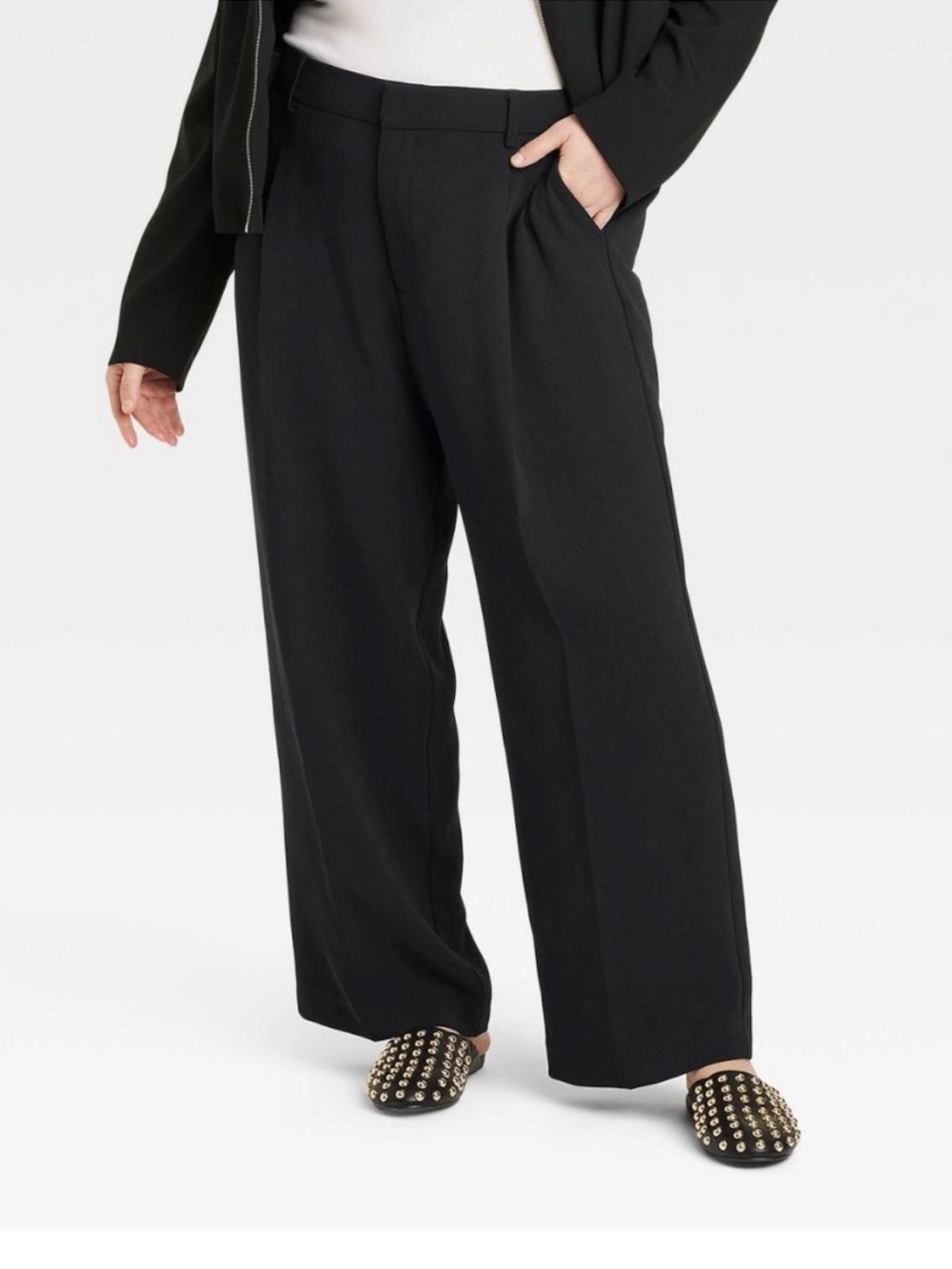 A New Day Crepe Signature Wide Leg Flowy Drape High Rise Black Trousers 16P NWT